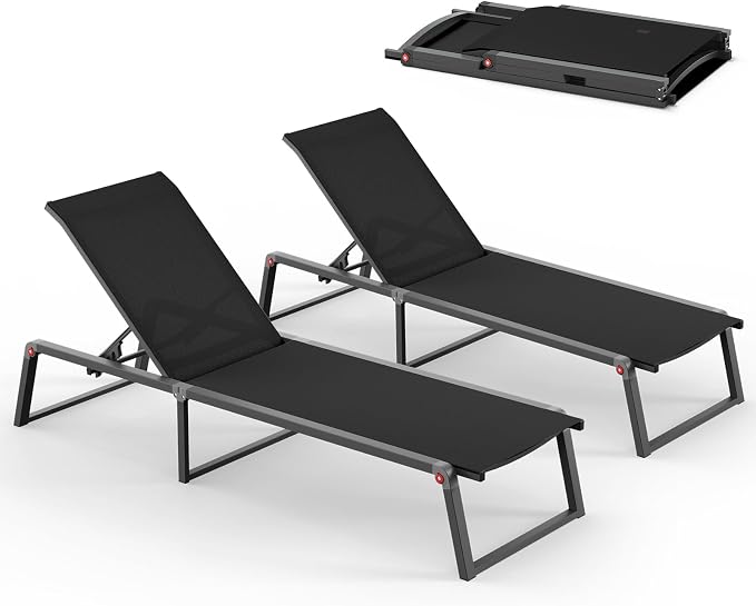 Aluminum Chaise Lounge Outdoor Set of 2, Foldable & Assembly Free Patio Pool by Oasbira