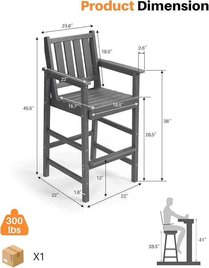 Adirondack Bar Chair Set of 2, HDPE Tall Adirondack Chairs Bar Stools - Image 4