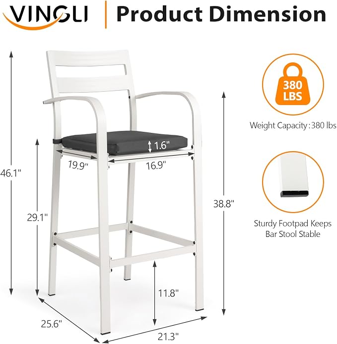 VINGLI Outdoor Bar Stools Set of 2, All-Weather Bar Height Aluminum Stools - Image 3