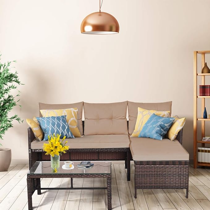 Tangkula Patio Corner Sofa Set 3 Piece, Outdoor Rattan Sofa Set, Includes - Image 4