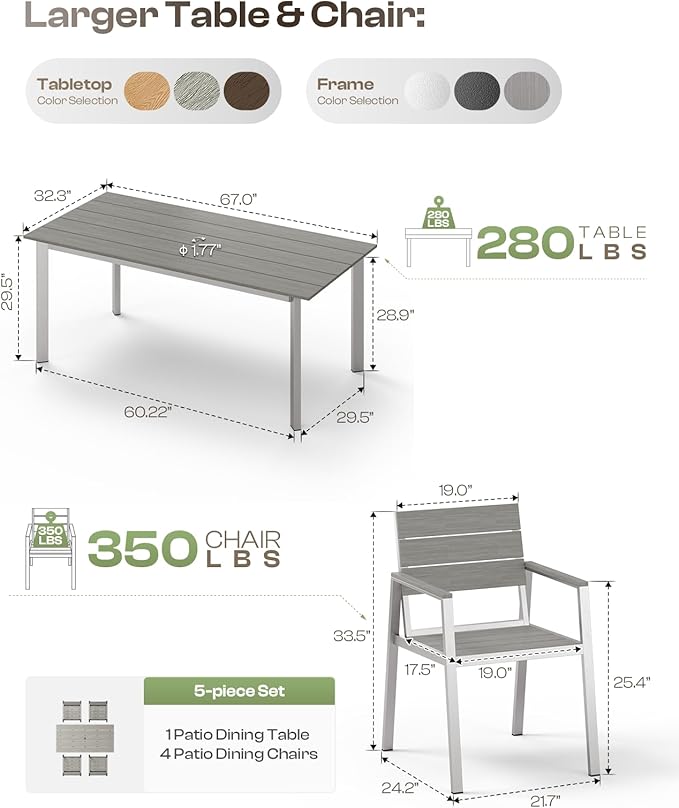 67" Rectangle HDPS Patio Dining Table, Aluminum Outdoor Patio Dining Table - Image 7