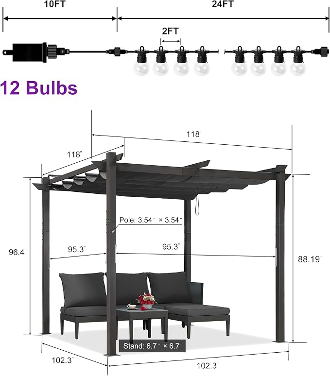 PURPLE LEAF 10' x 10' Aluminum Outdoor Pergola Modern Grape Trellis Retractable - Image 5