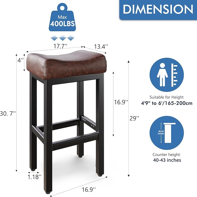 29 Inch Bar Height Bar Stools Set of 2, Backless Bonded Leather Bar Height - Image 2