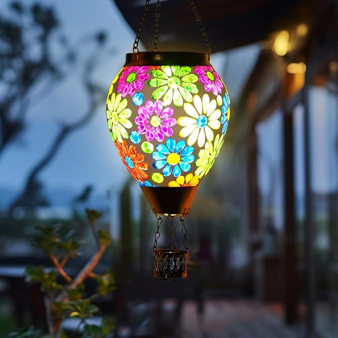 Starsoul Mosaic Flowers Hot Air Balloon Solar Lantern Glass Outdoor Hanging Hot - Image 6
