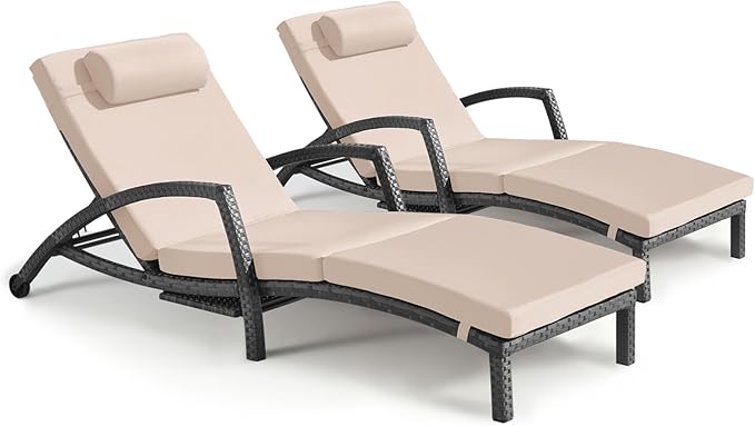 Chaise Lounge Chairs Outdoor Set of 2, Comfy Outside Wicker Patio Pool Lounge by ZZWHOM