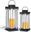 Solar Lantern Decorative Outdoor Set of 2 Modern Black Metal Lanterns by BAYN