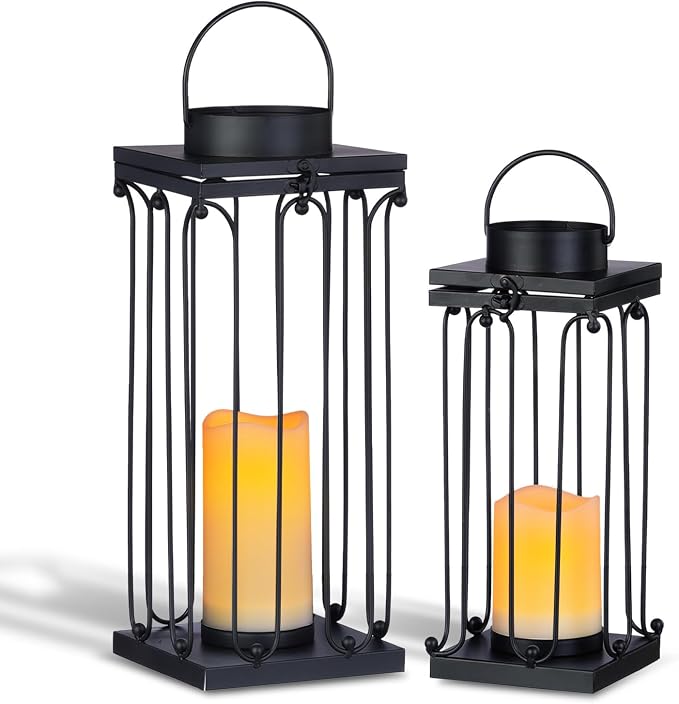 Solar Lantern Decorative Outdoor Set of 2 Modern Black Metal Lanterns by BAYN