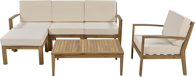 6-Piece Outdoor Patio Conversation Furniture Set, Acacia Wood Sectional Sofa Set - Image 4