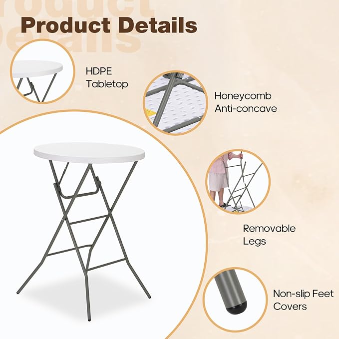 32" Round Folding Table, Portable Bar Height Folding Table - Image 5