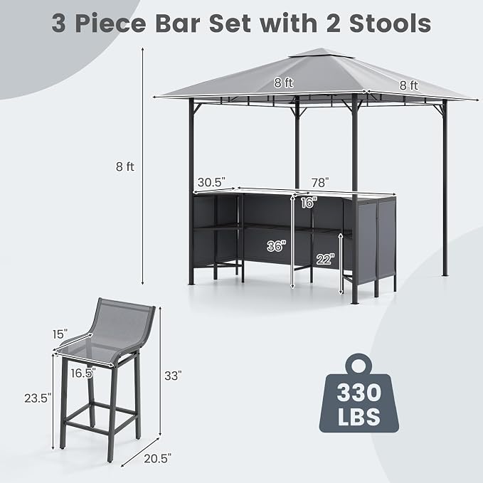 Tangkula 3 Piece Patio Bar Set, 8x8 FT Double-Tier Grill Gazebo - Image 4