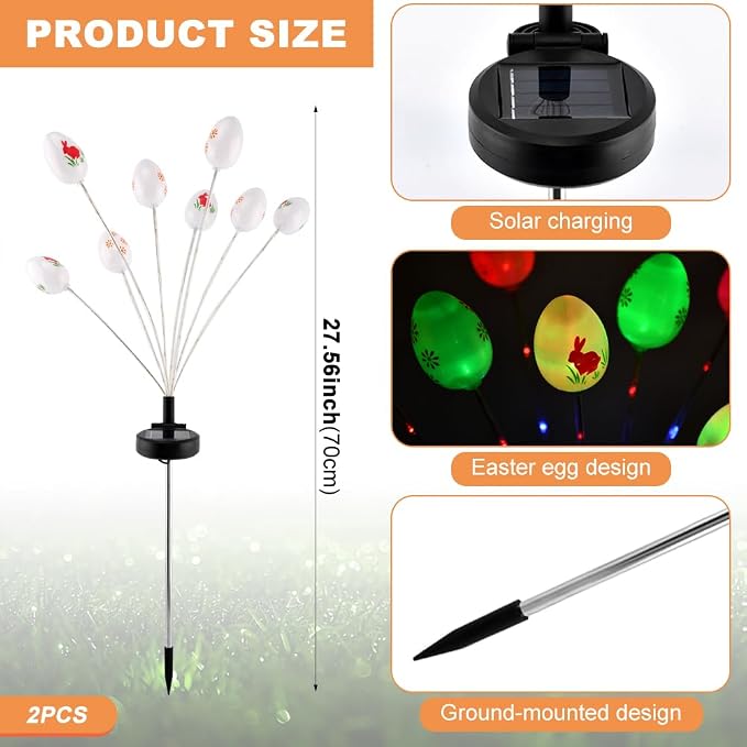 2 Packs Solar Easter Decorations Outdoor Stake Lights, 16 LEDs Colorful Swaying - Image 3