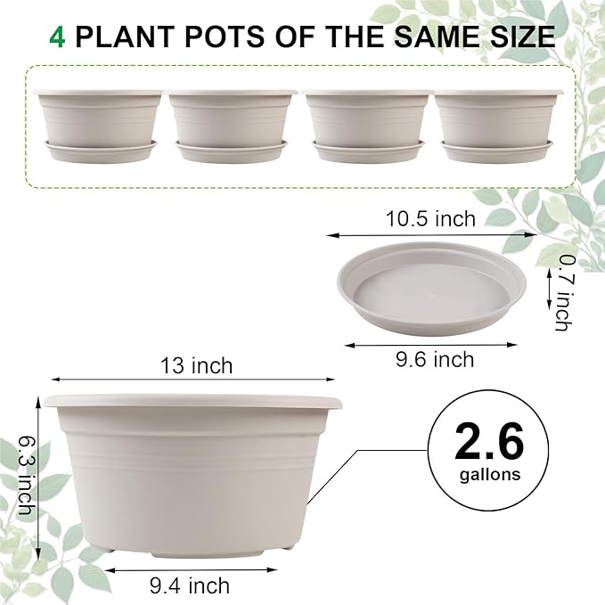 Large 4 Pack 13 inch Plant Pots, Round Plastic Pots - Image 2