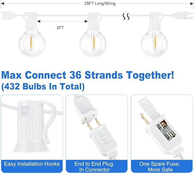 Bosceos Outdoor G40 LED Globe String Lights 25FT Dimmable Shatterproof - Image 2