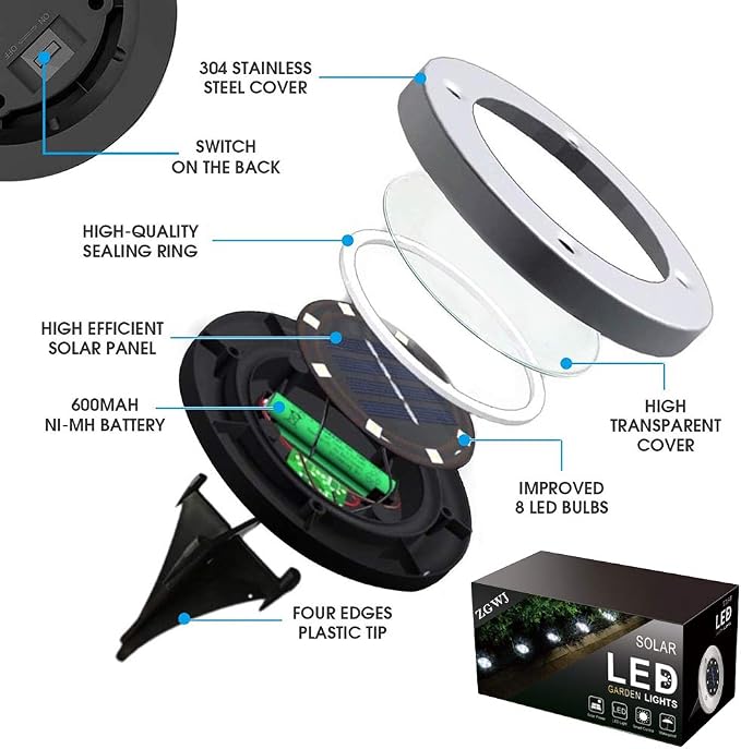 ZGWJ 8 Pack Solar Ground Lights, 8 LED Solar Garden Lights Outdoor Waterproof - Image 2