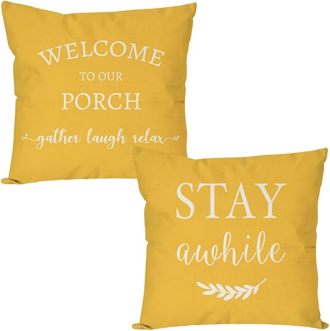 PANDICORN Welcome to Our Porch Stay Awhile Farmhouse Decorative Throw Pillow by PANDICORN