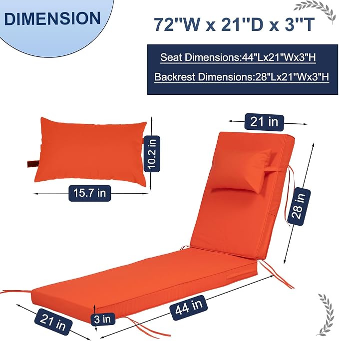 Outdoor Chaise Lounge Cushions Set of 2, Waterproof Fade Resistant Patio - Image 5