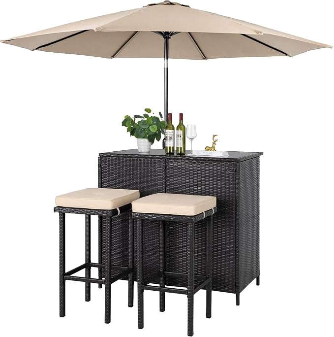 Outdoor Bar Set 3-Piece Rattan Wicker Patio Furniture, Glass Bar and Two Stools by Patiomore