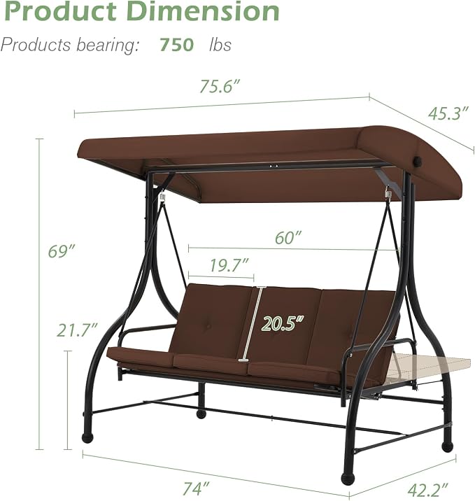 AECOJOY Porch Swing Chair, 3 Seats Porch Swing Adjustable Backrest & Canopy - Image 5