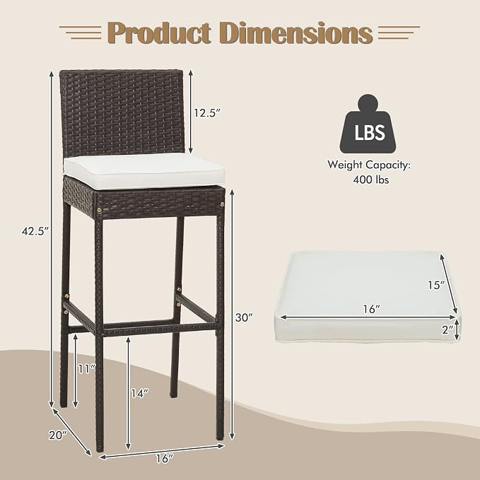 COSTWAY Outdoor Wicker Bar Stools Set of 4, Footrest and Backrest, Rattan - Image 3