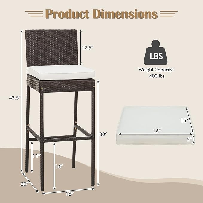 Tangkula Set of 2 Patio Wicker Barstools, Outdoor Bar Height Chair w/Soft Seat - Image 3