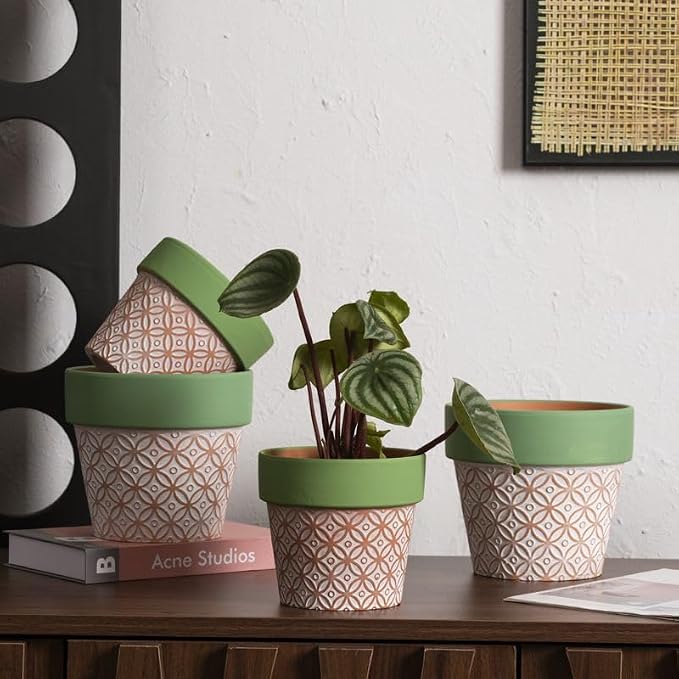 Terracotta Plant Pots Set of 2-5.9 Inch Vintage Pattern Clay Flowerpots - Image 7