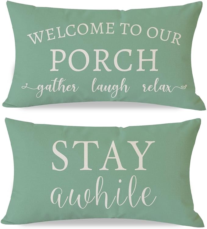 PANDICORN Welcome to Our Porch Stay Awhile Eucalyptus Green Outdoor Farmhouse by PANDICORN