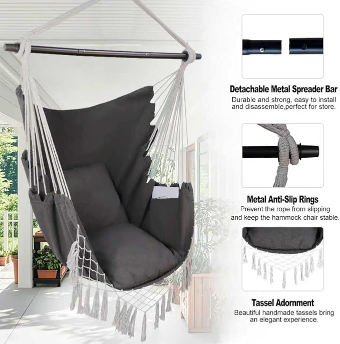 Hammock Chair Hanging Rope Swing Chair, Max 450 Lbs, Large Hanging Chair - Image 6