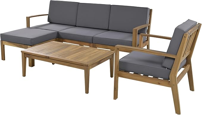 6-Piece Outdoor Patio Conversation Furniture Set, Acacia Wood Sectional Sofa Set - Image 5