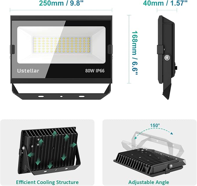 USTELLAR 3 Pack 80W LED Flood Lights Outdoor Hardwired Bright 800W Equiv. - Image 5