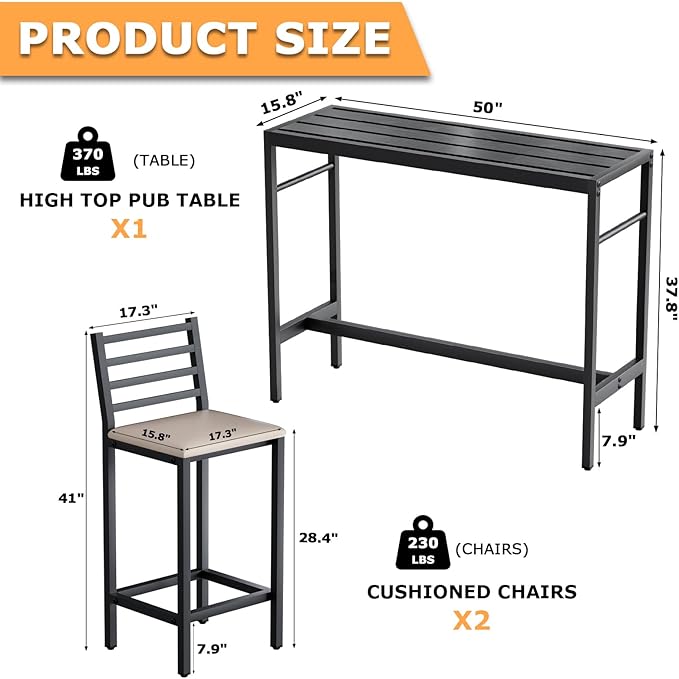 Outdoor Patio Bar Set 3 Piece, 2 Cushioned 41" Bar Stools, Metal Bar Table and - Image 4