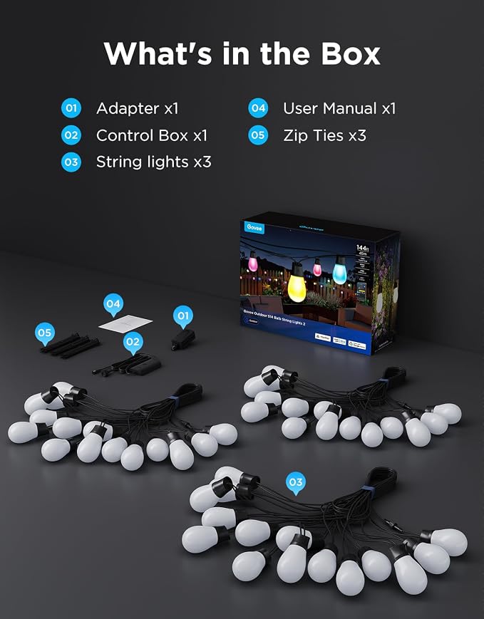 Govee S14 Bulb Outdoor String Lights 2, 144ft RGBIC Smart Warm White Outdoor - Image 9