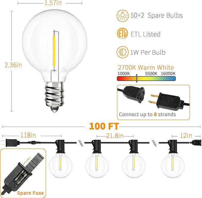 Svater Outdoor String Lights Waterproof 100 FT, LED Patio Lights Outside - Image 2