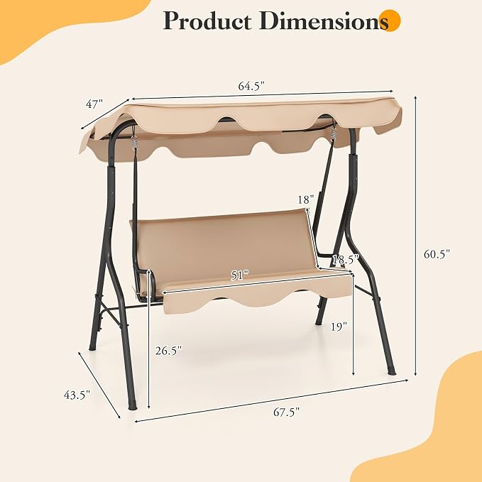 Porch Swing Outdoor, 3 Person Patio Swing w/Removable Cushion, Stand & - Image 8