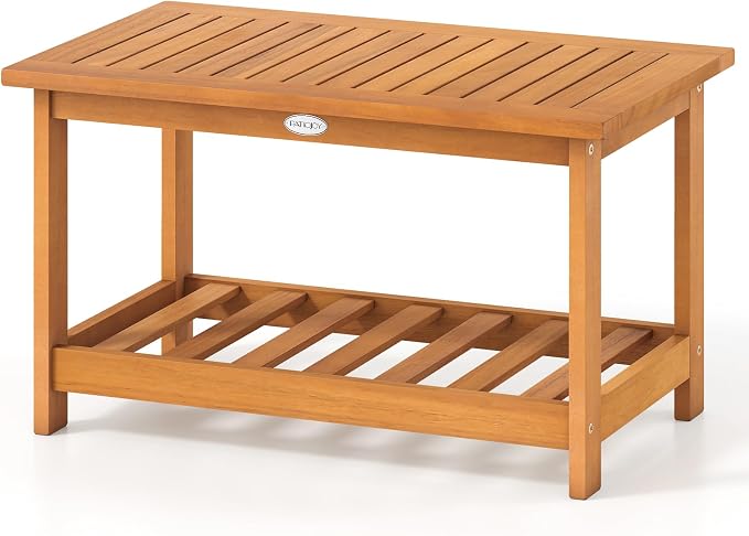 Tangkula Outdoor Acacia Wood Coffee Table, Patio 29.5” Rectangle Slatted 2 Tier by TANGKULA