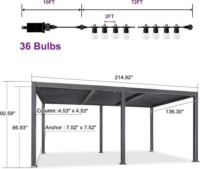 PURPLE LEAF Louvered Pergola w/Light 11' x 18' Aluminum Outdoor Pergola - Image 9