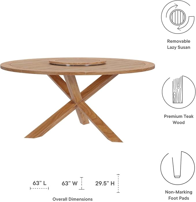 Modway Wellspring Outdoor Patio Round Teak Wood 63" Dining Table in Natural - Image 5