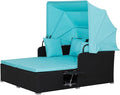 Moccha Outdoor Daybed with Retractable Canopy, Wicker Cabana with 2 Side Tables by LDAILY