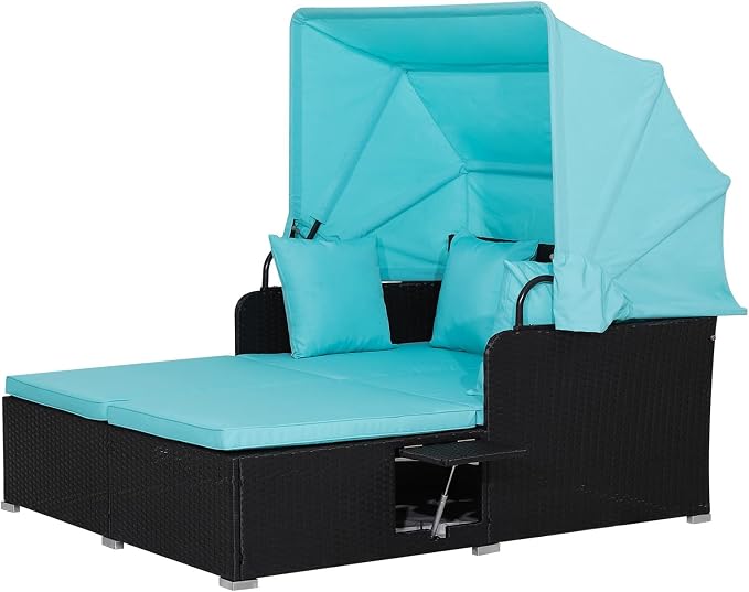 Moccha Outdoor Daybed with Retractable Canopy, Wicker Cabana with 2 Side Tables by LDAILY