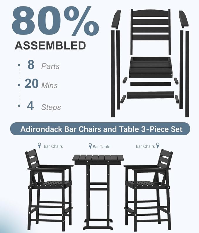 3-Piece Adirondack Bar Table and Chair Set, HDPE All-Weather Bar Height Chairs - Image 8
