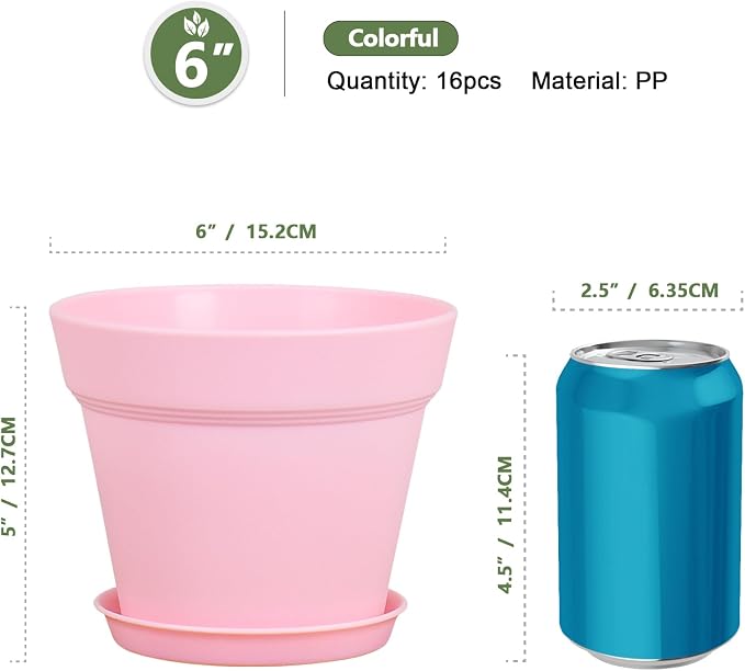6 inch Plastic Nursery Pots, 16 Pack Plant Pots - Image 2