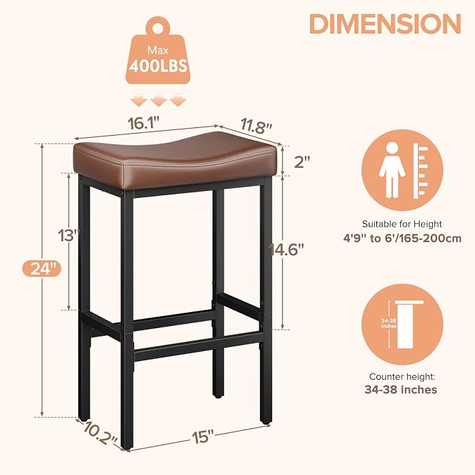 24 Inch Counter Height Bar Stools Set of 2, Compact Counter Stools - Image 2