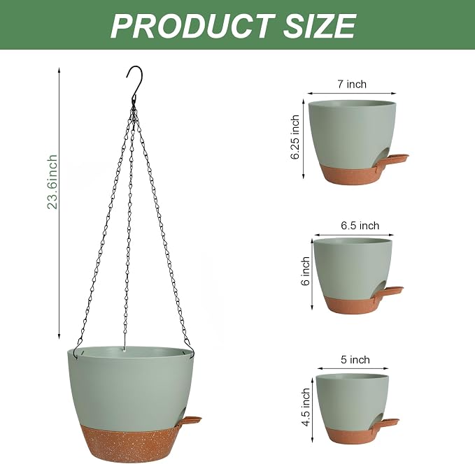 3 Pack Hanging Planter Indoor Outdoor Flower Pots 7/6.5/5 Inch, Self-Watering - Image 3