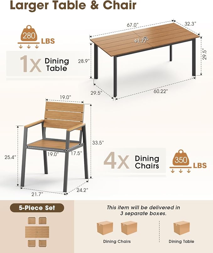 Outdoor Patio Dining Sets, Aluminum 5 Piece HDPS Outdoor Dining Table Set - Image 2