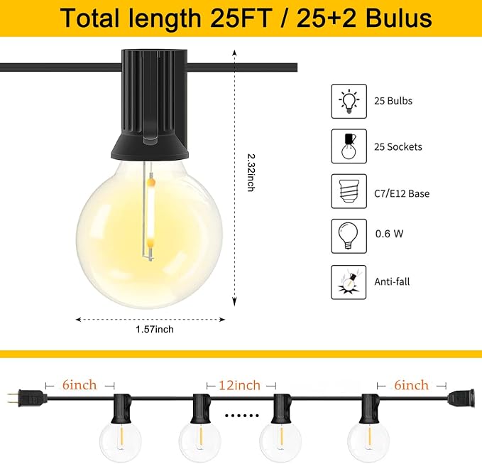 LED Outdoor String Lights, 25Ft G40 Globe Patio String Light Waterproof - Image 2