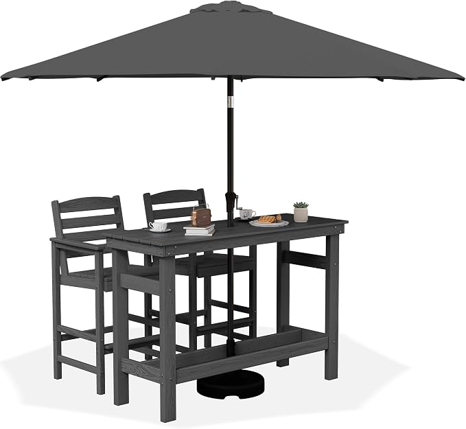 SERWALL Outdoor Bar Set with 9ft Umbrella, All-Weather HDPE Patio Bar Chairs by SERWALL