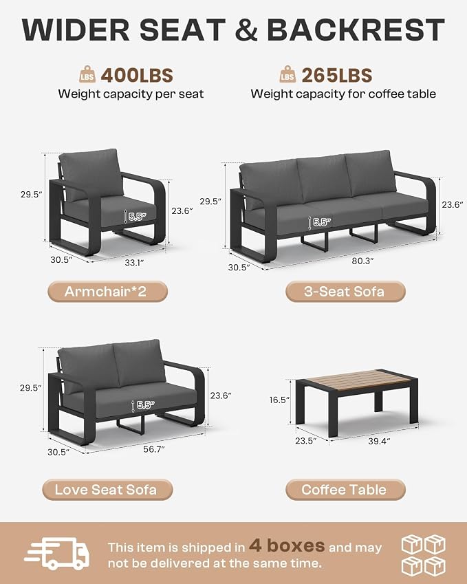 Aluminum Outdoor Patio Furniture Set, 5 Piece Oversized Patio Conversation Sets - Image 9