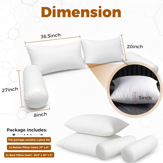 Twin Size Bolster & Back Pillow Inserts Replacement Set - Image 4