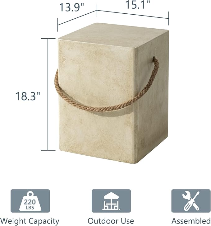 COSIEST Set of 2 Concrete Side Table, Rectangular Outdoor Side Table w Hemp - Image 3