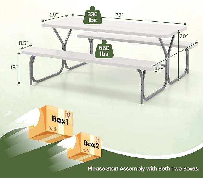 Giantex Picnic Table 6FT for 8 Person, Outdoor Table Set w/ 2 Benches, - Image 3