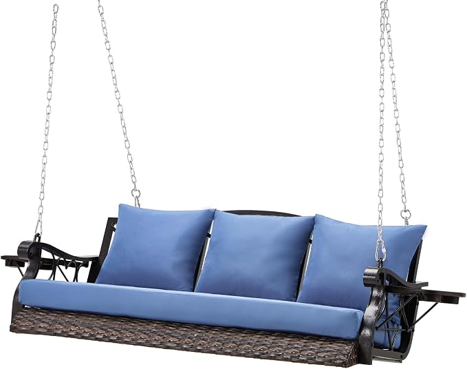 Heavy Duty 900 LBS Porch Swing Chair 3-Person Outdoor Rattan Patio Swing Lounge by zzw